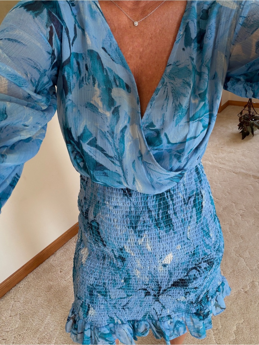 BCBG Teal and Light Blue Floral Long Sleeve Smocked Dress NWT